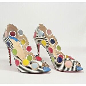 Christian Louboutin Lady Bug Heels Navy/White Stripes Bright Polka Dots Sz 35.5